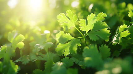 Fototapeta premium Fresh coriander leaves in sunlight