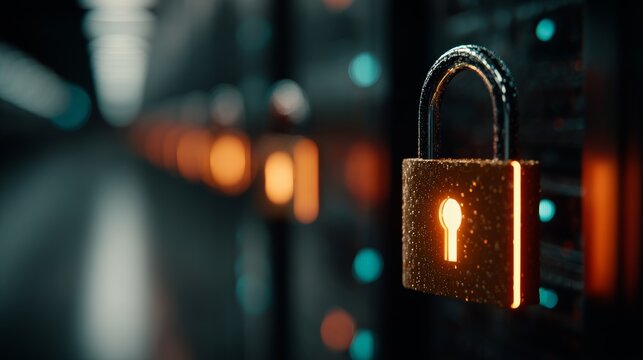 Digital padlock glowing in front of data servers in a secure high-tech server room