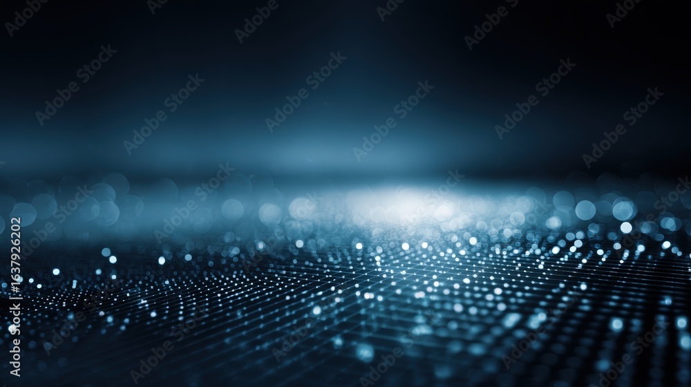 Poster abstract blue data wave background with glowing particles, represents technology and innovation