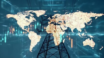 Transmission Tower Silhouette with World Map and Abstract Chart in Blue Background - Powered by Adobe