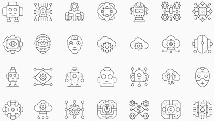 Illustration showing various artificial intelligence and robotic technology line icons in a grid pattern silhouette