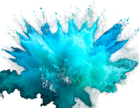 Vibrant Blue Aquamarine Turquoise Powder Explosion Front View, isolated transparent background PNG