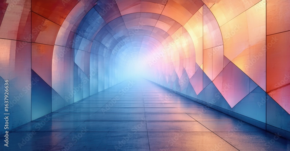 Poster abstract tunnel interior. colorful geometric patterns create depth. bright light emanates from dista
