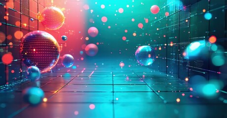 Futuristic room filled with glowing spheres, vibrant pinks, blues. Reflective surfaces create infinite depth, digital aesthetic.