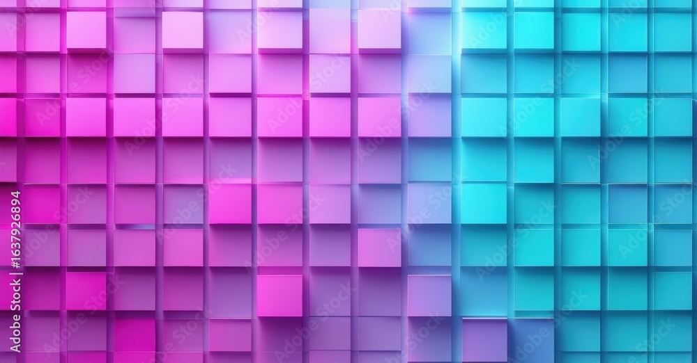 Poster abstract geometric pattern. cubes transition from pink to purple then blue. bright colors create dyn