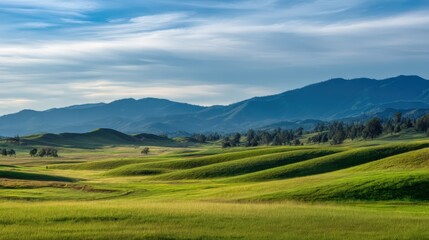 Naklejka premium Rolling Green Hills and Distant Mountains Landscape Under a Blue Sky with Clouds Scenery