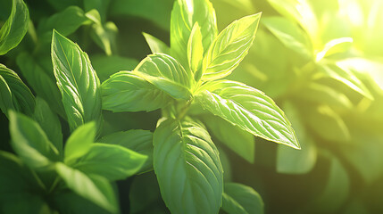 Fresh green leaves in sunlight