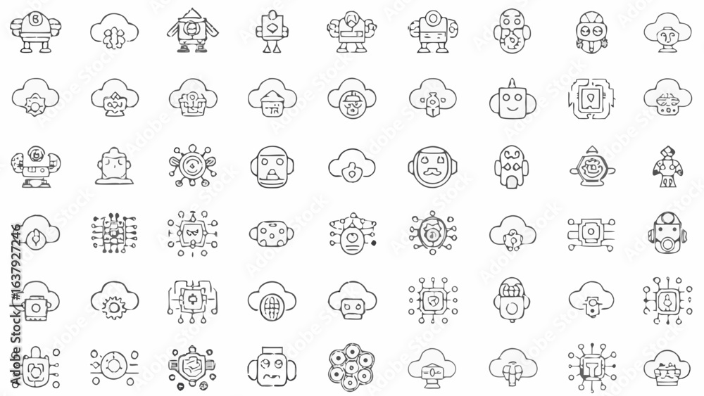 Aufkleber illustration showing a variety of robots and cloud computing icons in a sketched line art style desi