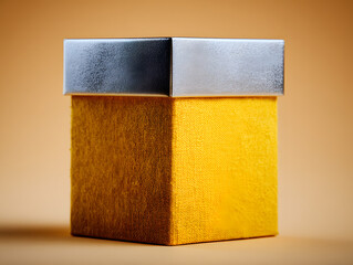 Small square gift box with yellow base and silver