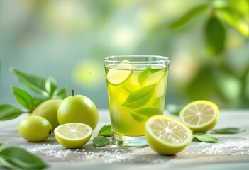Fototapeta premium Fresh Lemon Drink with Ice – Refreshing Summer Beverage, Cold Lemonade Glass with Mint – Healthy Summer Drink, Citrus Lemon Beverage – Fresh Homemade Lemon Juice