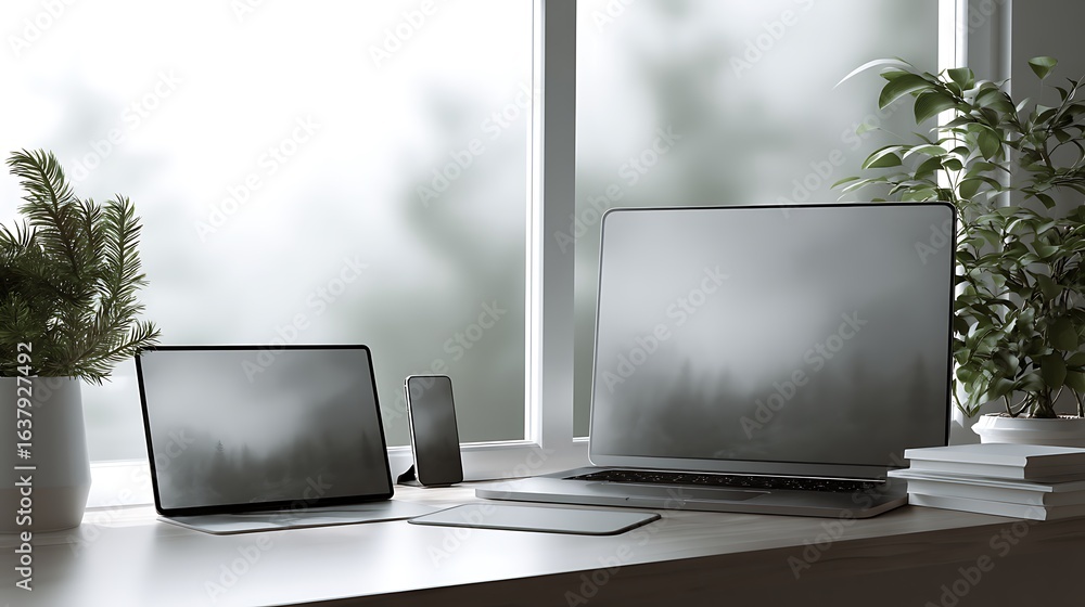 Fototapete laptop mockup template at an office - monitor, tablet and computer screen - application design, web 