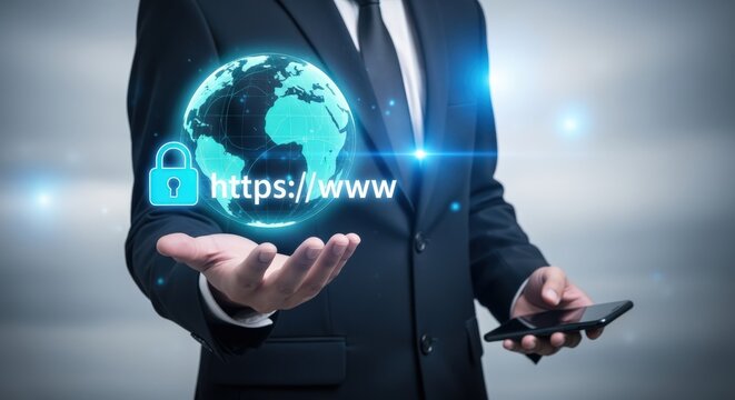 Digital security concept: Businessman presents a globe with a padlock and secure https connection