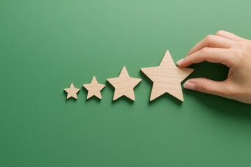 Obraz na płótnie Canvas Rating concept with hand placing wooden star to increase satisfaction level on green background