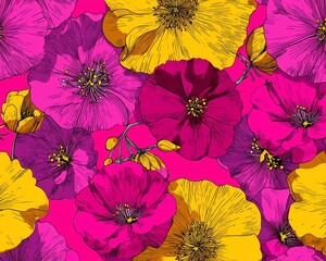 Colorful floral pattern with vivid blossoms in shades of pink