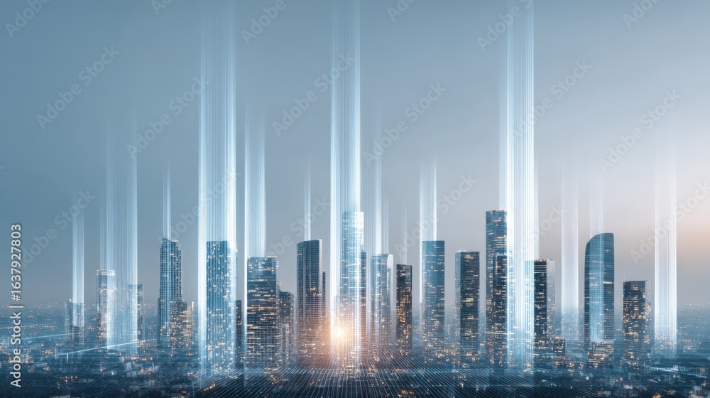 Poster futuristic cityscape with data streams and abstract light beams connecting buildings, representing t
