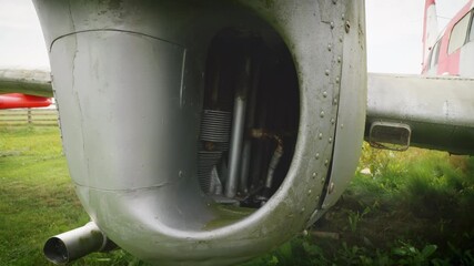 Inside vintage aircraft three bladed propeller piston engine stock footage