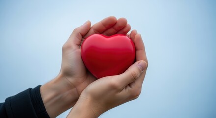 Fototapeta premium Hands Gently Holding a Red Heart Shape Against a Light Blue Background Symbolizing Love and Care