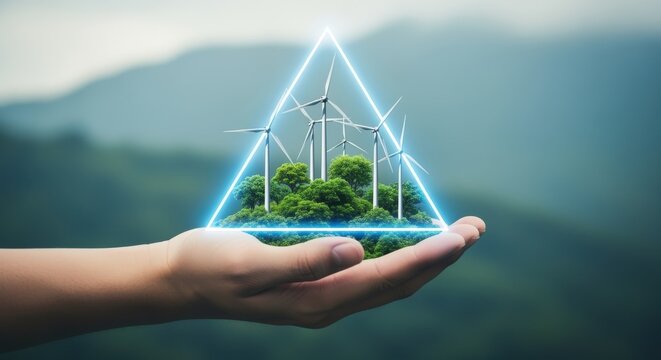 Sustainable Future Concept: Wind Turbines in Hand with Glowing Triangle Frame, Green Energy and Environmental Protection - Powered by Adobe