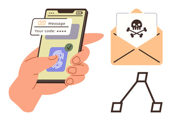 Hand with phone displaying security code and fingerprint scan, skull-marked phishing mail, and network tree structure. Ideal for security, fraud prevention, hacking, phishing, authentication