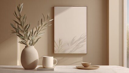 Beige toned room interior scene with vase and artwork.