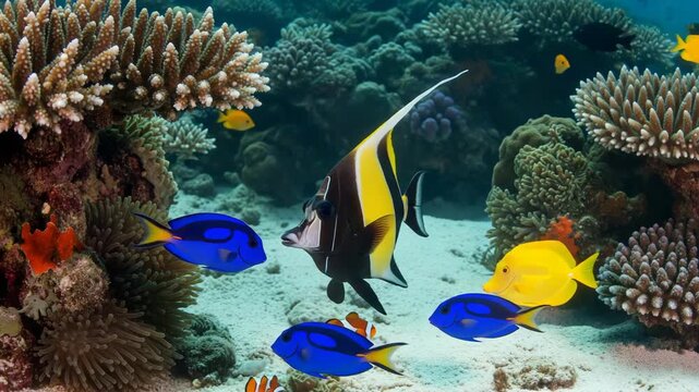 Underwater world: a coral reef with a variety of tropical fish, including zebrasoma, clownfish and surgeonfish