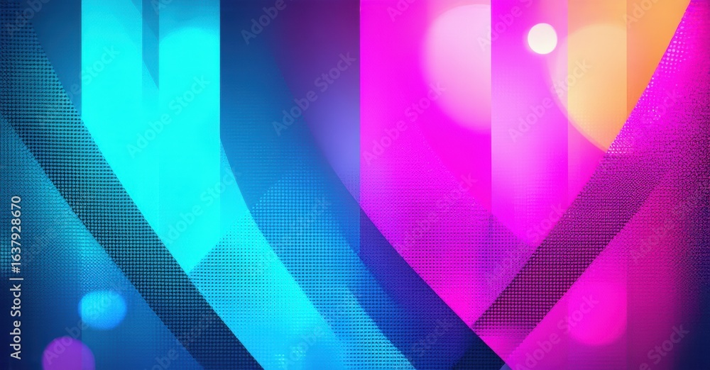 Poster abstract vibrant background. geometric shapes overlap, creating dynamic visual effect. blue, pink hu