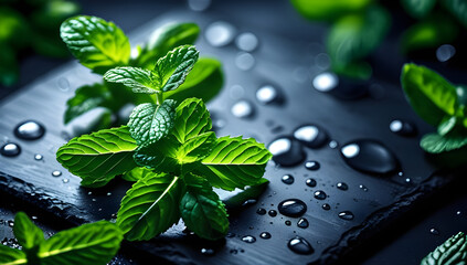 Ultra-Detailed Texture of Mint Leaves with Water Droplets