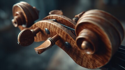 Detailed close-up of a violin's headstock, showing the scroll and tuning pegs