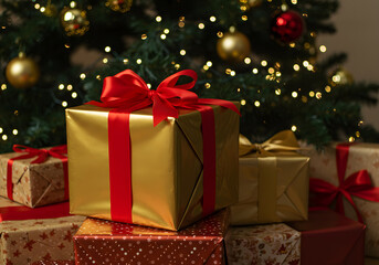 Obraz premium A beautifully wrapped gift box with a big red bow, placed on a stack of other presents under a twinkling Christmas tree.