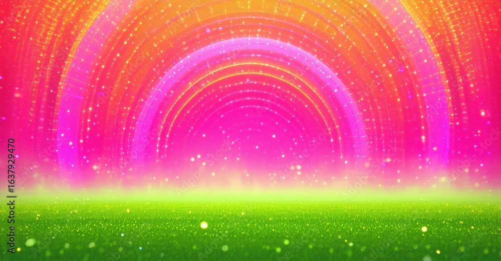 Poster vibrant abstract landscape. glowing horizon features concentric circles, bright green ground sparkle