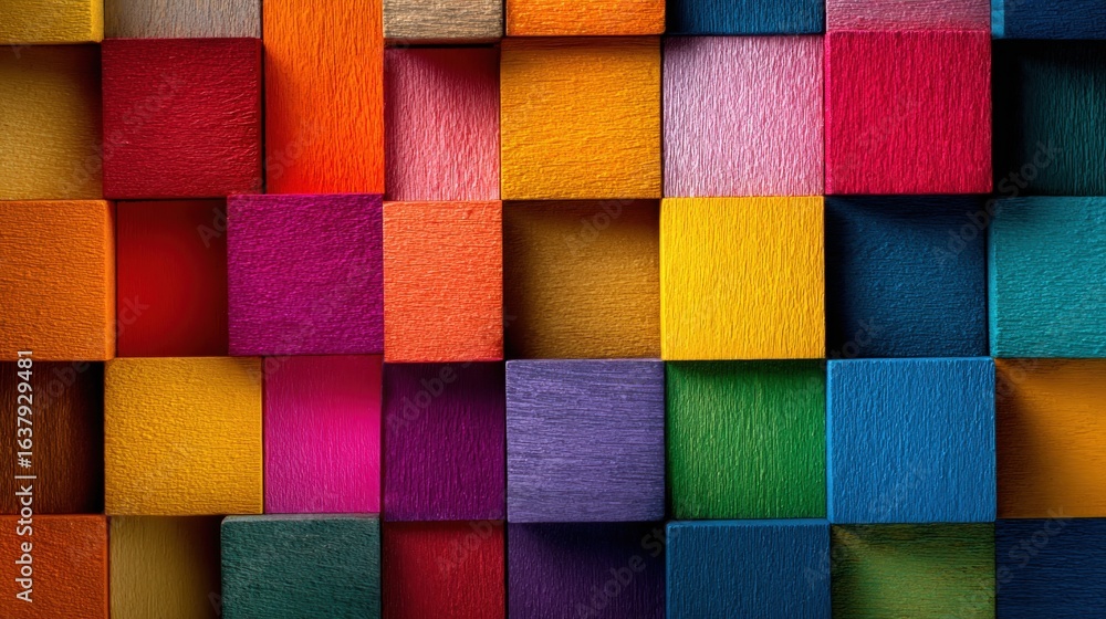 Poster vibrant multi-colored wooden blocks arranged in a geometric pattern, creating a visually appealing b