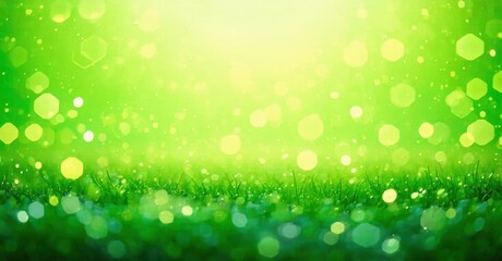Obraz premium Bright green background features bokeh effects, grass line. Soft light creates vibrant, dreamy atmosphere. Simple, natural scene.