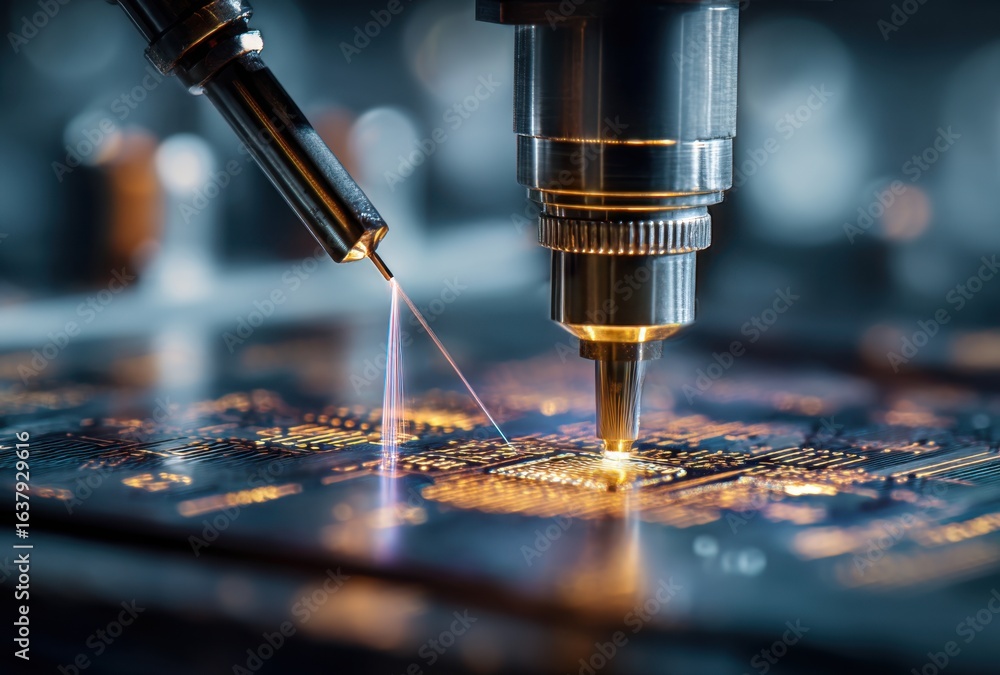 Poster a close-up view showcases a precision machine performing intricate work on a circuit board, highligh