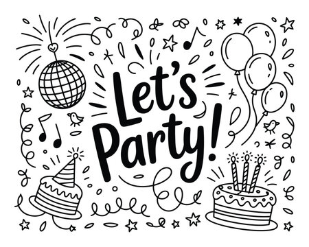 Let's Party lettering in a hand-drawn doodle illustration with cake, balloons, and a disco ball. Festive vector graphic for birthday invitations. - Powered by Adobe