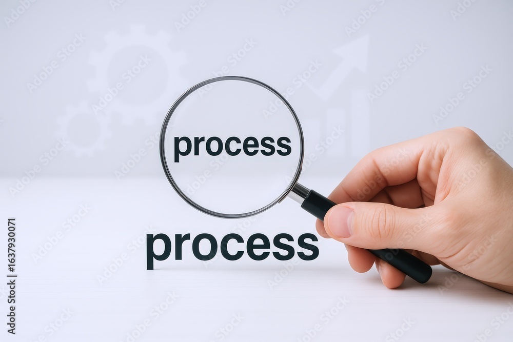 Poster process analysis with magnifying glass on white background displaying gears and upward trend