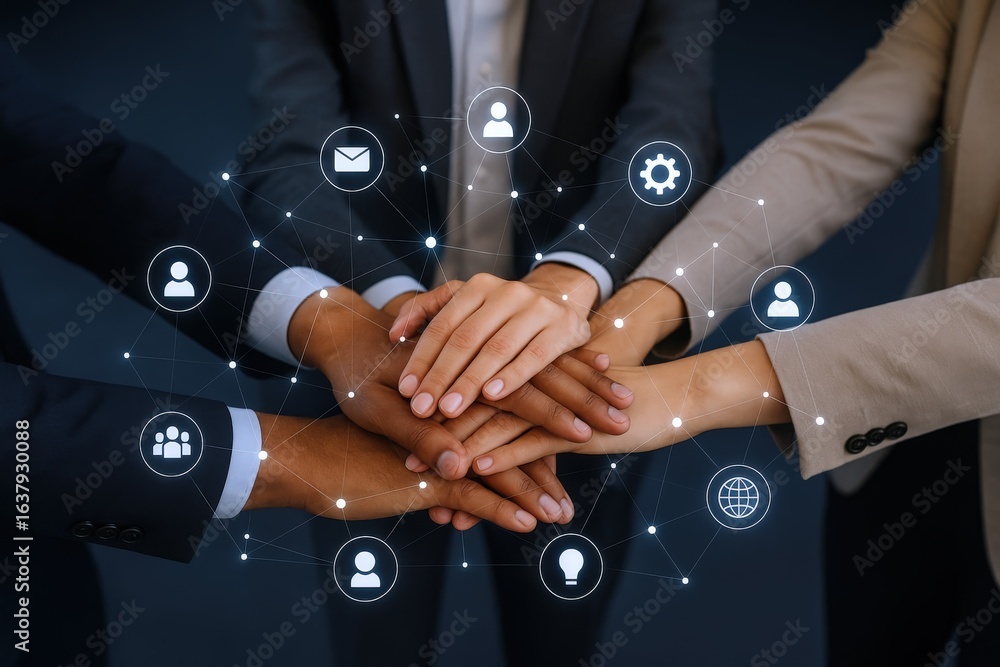 Poster diverse business team hands together with networking icons symbolizing collaboration and global part