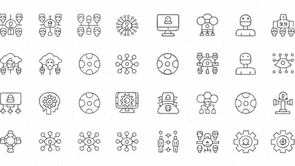 Illustration showing a variety of line art icons depicting concepts like technology, networking, and ai systems silhouette