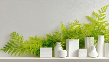 Fototapeta premium Arrangement of decorative white vases and plants on a shelf.