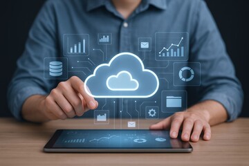 Cloud Computing Technology Concept: Man Using Tablet with Cloud Graphic and Data Icons for Business Solutions