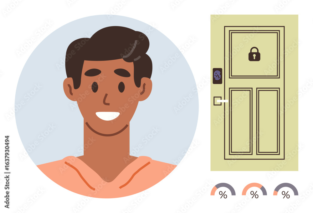 Poster man smiling near smart lock door equipped with biometric access scanner and lock icon. ideal for sma