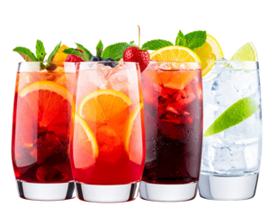 Cocktail Collection: Gin Rickey, Salty Dog, Sangria, and Zombie Punch in Clear Glasses, isolated transparent background PNG set