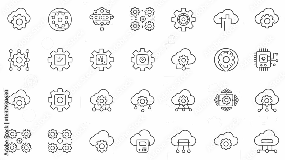 Poster illustration showing a set of cloud computing and gear icons representing technology and automation 