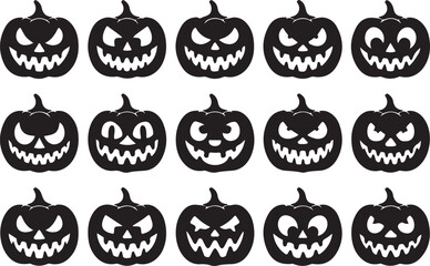 Collection of Halloween Pumpkin Faces Vector Illustrations with Carvings