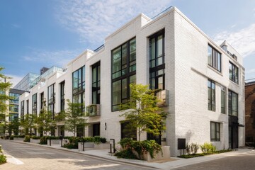 Obraz premium Modern townhouses with large windows situated in an urban neighborhood during a sunny day in vibrant city environment showcasing contemporary design