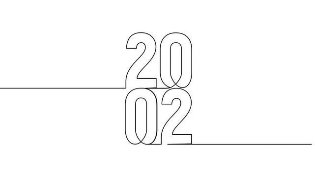 2002 year continuous line art clip self drawing animation on white black background. vertically single one line art outline illustration 2002 year numbers video