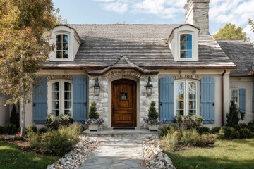 Obraz premium Charming stone house with blue shutters and landscaped garden in a serene neighborhood, showcasing a welcoming entrance and well-maintained pathway during daylight