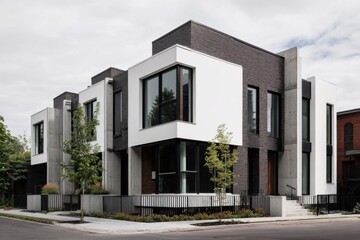 Fototapeta premium Modern architectural design featuring a contemporary building with a mix of black brick and white panels located on a quiet urban street surrounded by greenery and clouds