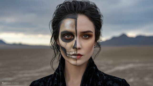 Portrait of a woman with half skull makeup in a desert landscape