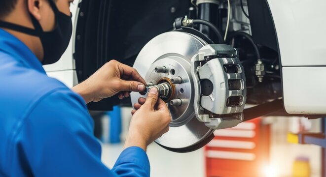 Mechanic Inspecting Car Brake System for Repair or Maintenance Service in Automotive Workshop