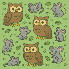 Obraz premium Cute Handdrawn Style Owl and Mouse Creature Wildlife Illustration Background